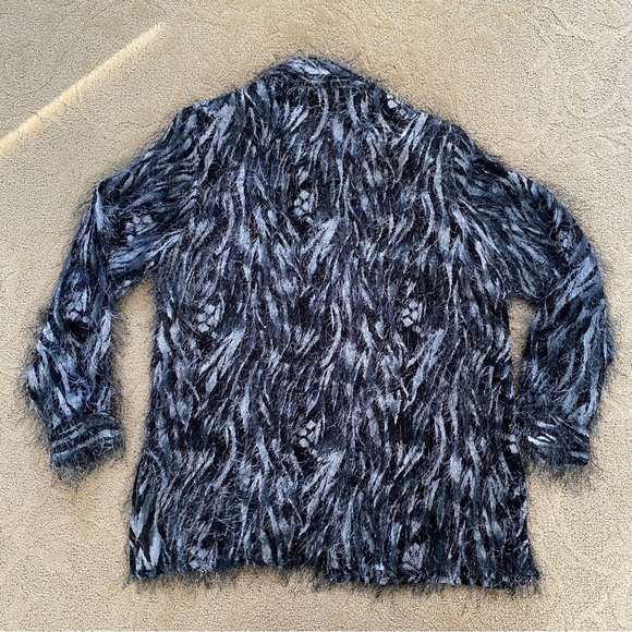 Long Sleeve Button Down Faux Feather Fringe Shacket Black White Women's Large - Picture 4 of 10